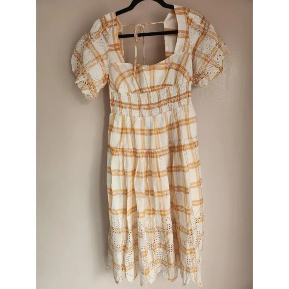 NWT Anthropologie Puff-Sleeve Eyelet Midi Dress Size SP Petites Yellow #9H414 - Picture 2 of 13